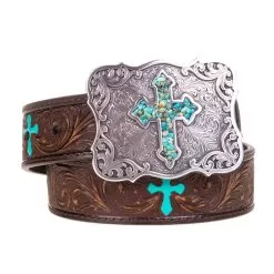 Girls Brown Belt With Turquoise Cross Buckle
