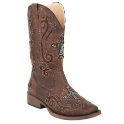 Roper Footwear Women's Brown Faux Vintage Leather With Crystals Cowgirl Boot