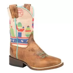 Roper Footwear Kids Waxy Brown Leather Printed Cactus Cowgirl Boot
