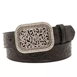 Women's Ariat® Rhinestone Filigree Black Tooled Belt