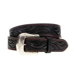 Western Fashion Men's Tooled Black Belt With Red Stitch