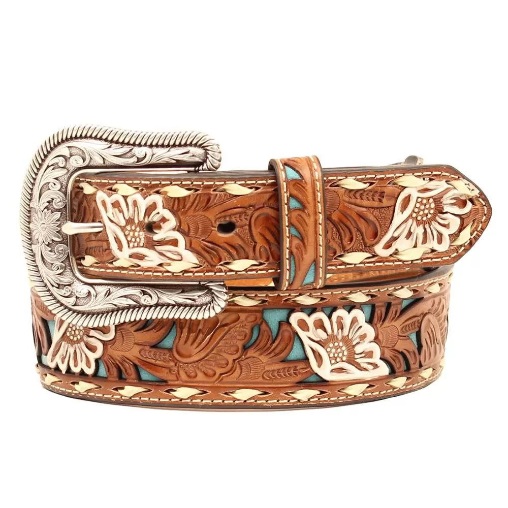 Women's Brown Belt With Floral Overlay 3 Women's Brown Belt With Floral Overlay