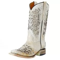 Corral Kids White Glitter Inlay Sq Toe Cowgirl Boot