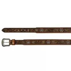 Men's JP West Tooled Belt With Rawhide And Conchos