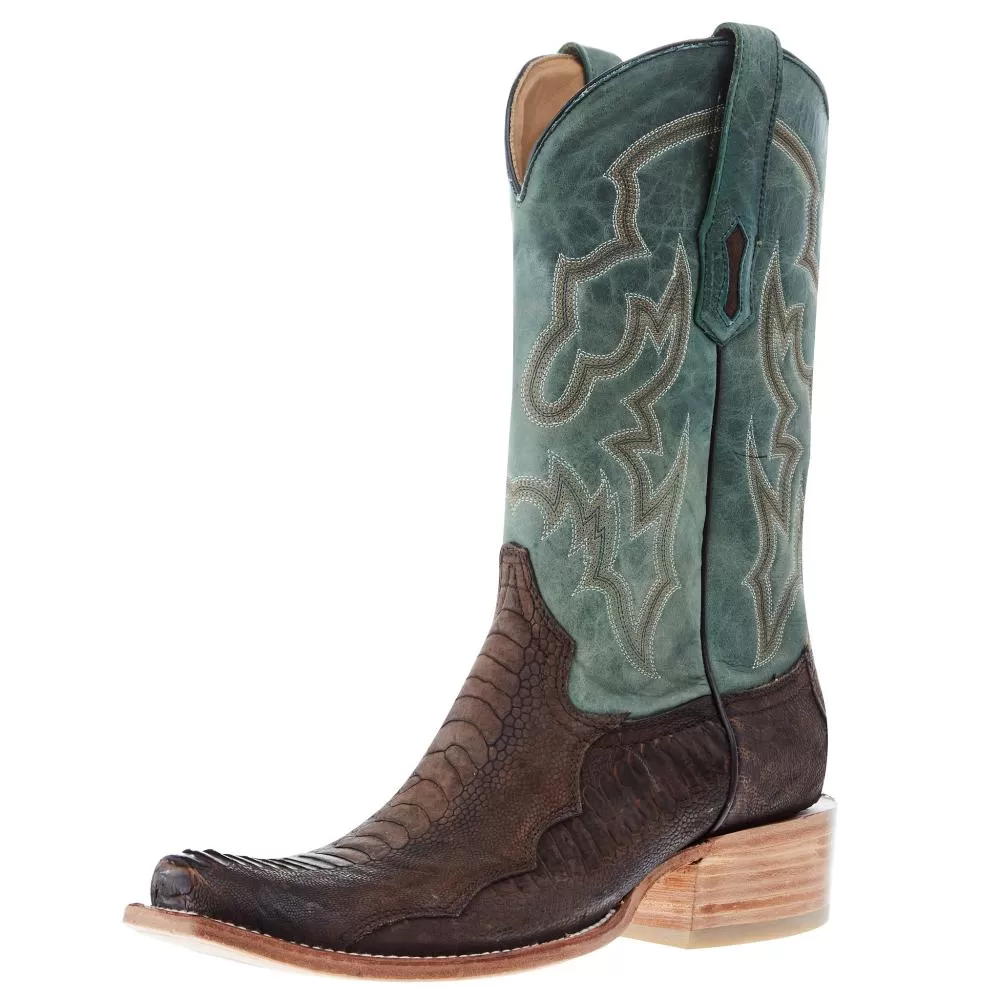 Corral Men`s Brown Ostrich Leg 12` Green Embroidery Top Sq Toe Boot 3 Corral Men`s Brown Ostrich Leg 12` Green Embroidery Top Sq Toe Boot