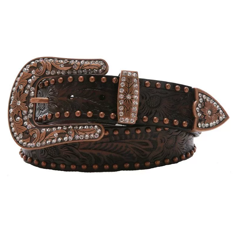 3-D Ladies 1 1/2in Brown Floral Belt With Bronze Studs 3 3-D Ladies 1 1/2in Brown Floral Belt With Bronze Studs