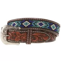 Western Fashion Mens Brown Belt With Blue And Turquoise Beading XIBB101