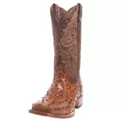 Tanner Mark Boots Men's Rustic Cognac Full Quill Ostrich Print Square Toe Cowboy Boot